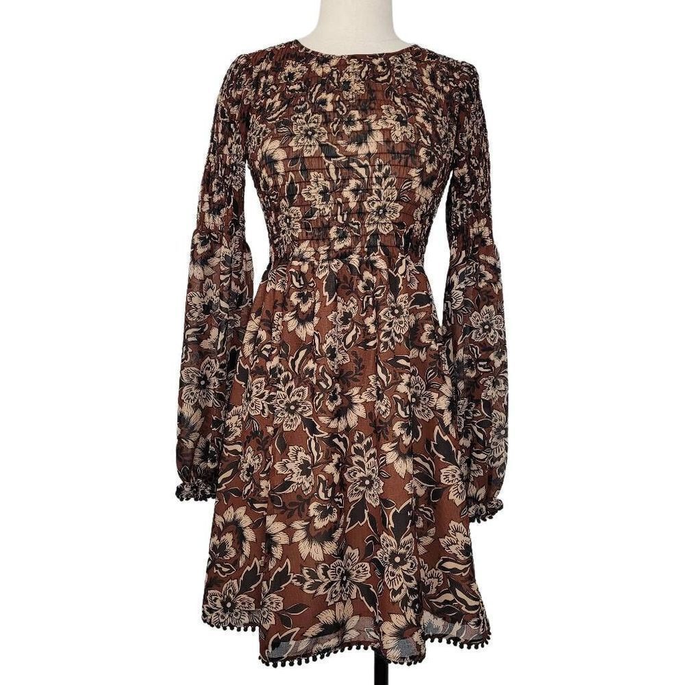 For Love & Lemons Gracie Shirred Mini Dress Sz XS Chocolate‎ Flower Bohemian